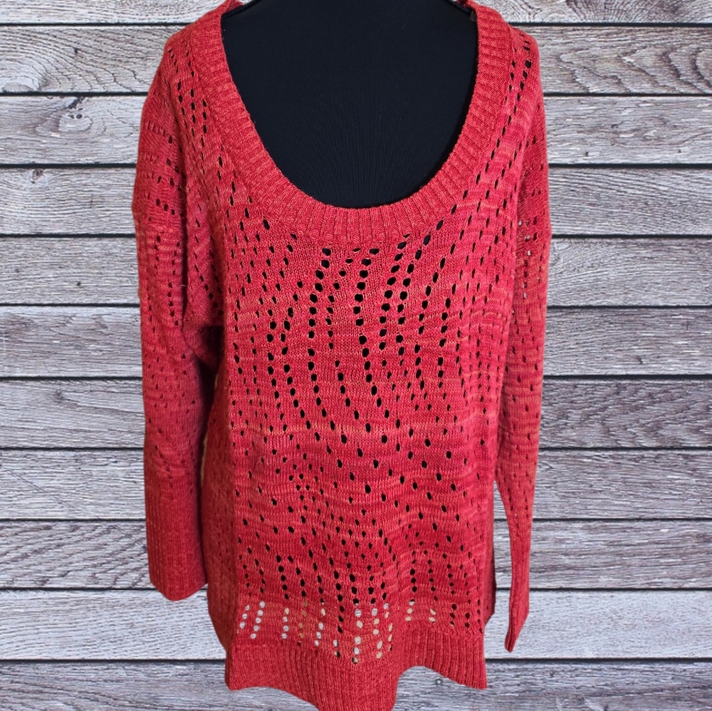 Ashley Stewart Red Open-Knit Long Sleeve Sweater 14